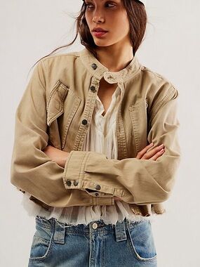 Free People We The Free Moto Bomber Cropped Jacked Khaki Medium